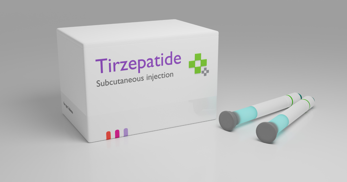 3D render of a Tirzepatide injection box with two auto-injector pens for Tirzepatide in Auburn, MA, on a reflective gray surface.