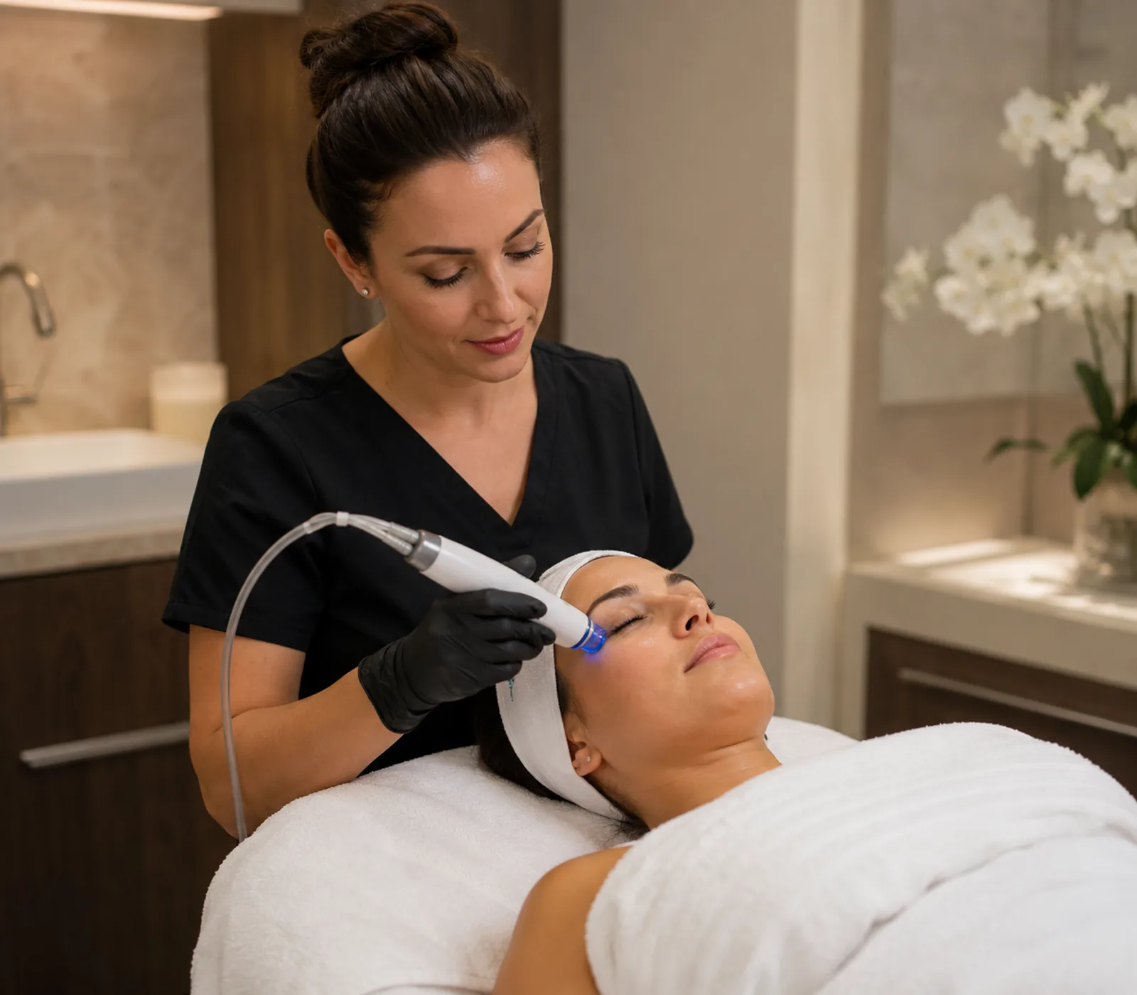 Medical Spa specialist in Holyoke - MA evaluating facial skin concerns under bright treatment lighting
