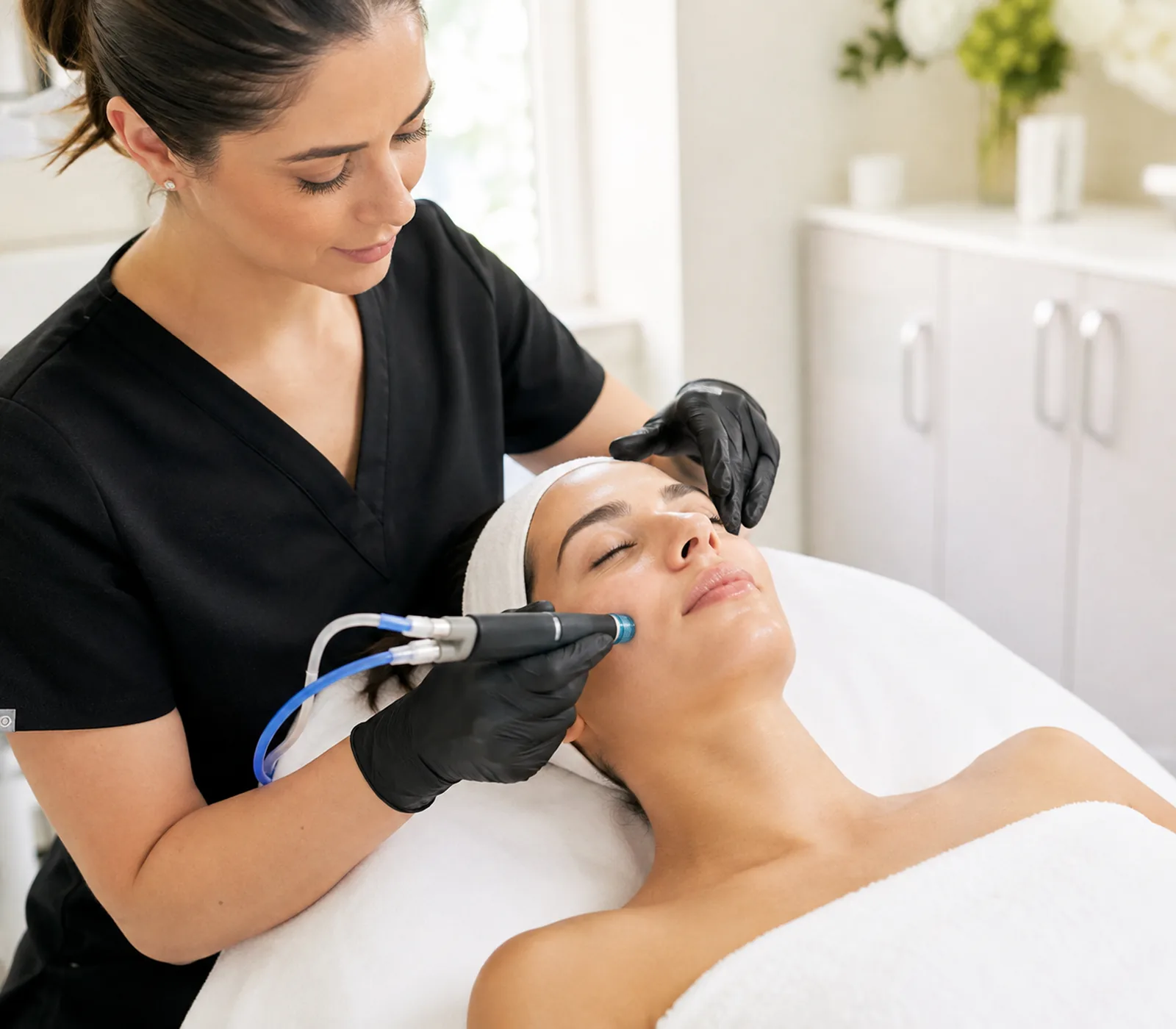 Medical Spa specialist in Amherst - MA evaluating facial skin under magnified task lighting