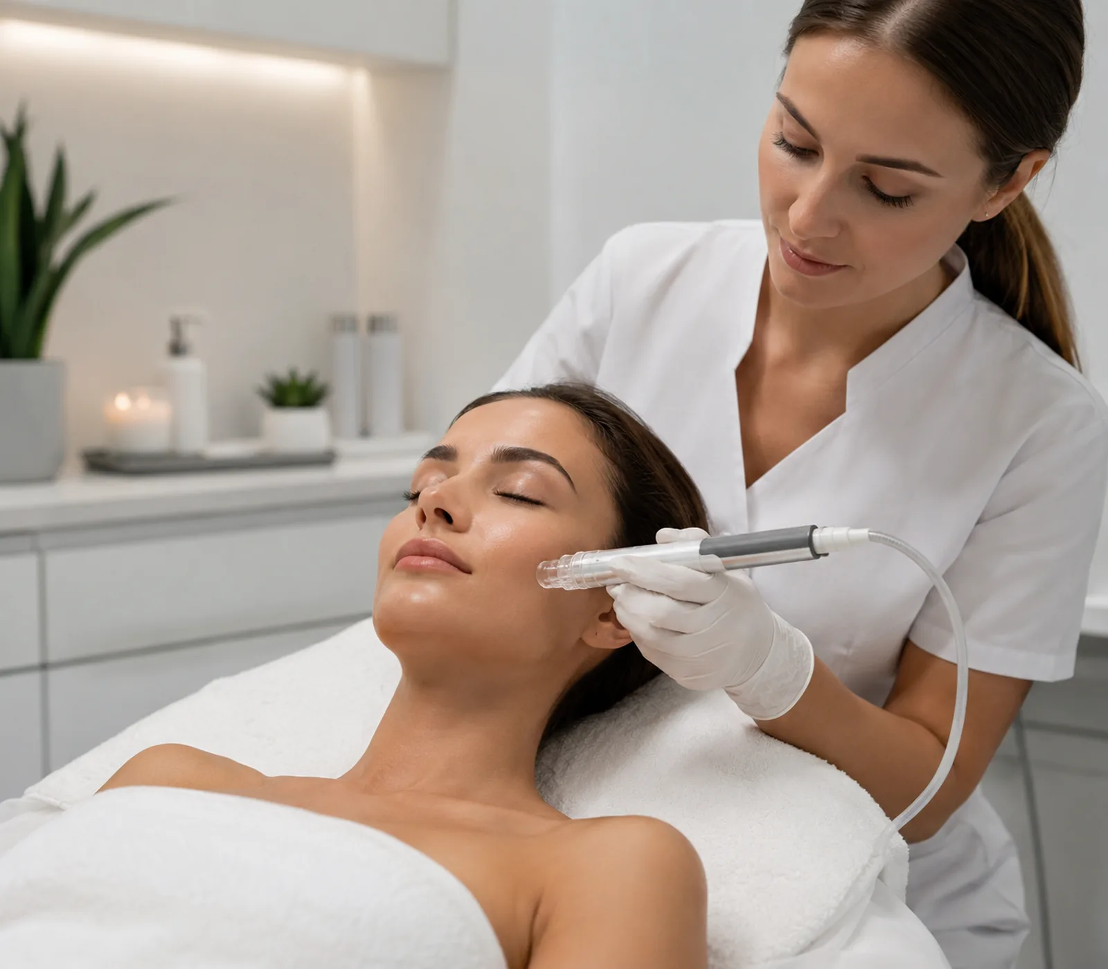 Medical Spa provider in Easthampton - MA examining skin closely under bright treatment lighting