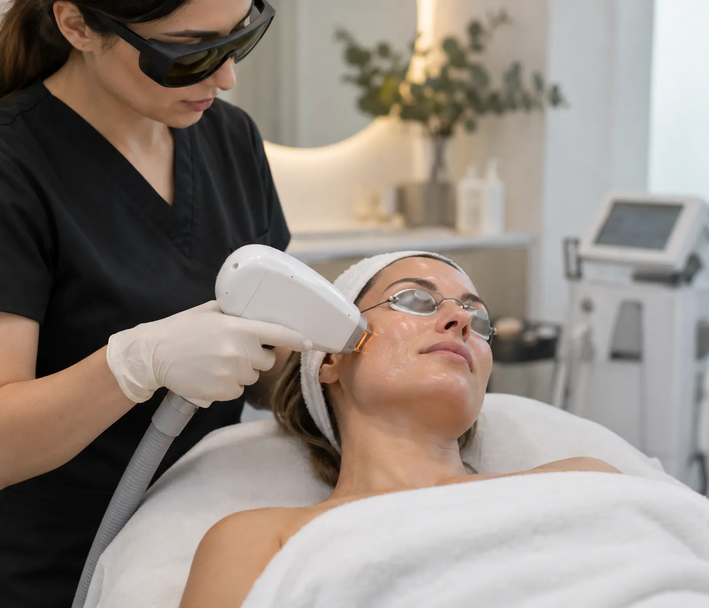 Laser Skin Removal technician in Worcester - MA reviewing treatment settings before addressing a client’s target area