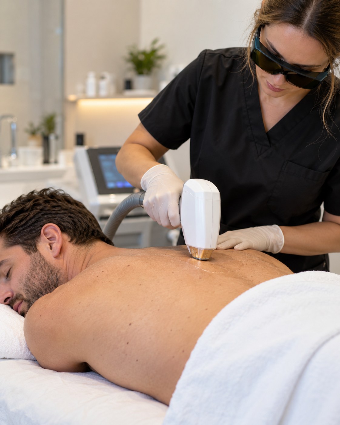 Laser Skin Removal in Fitchburg - MA as a clinician prepares a client for a treatment session, Laser Skin Removal in Montague - MA as a clinician prepares equipment for a targeted treatment session
