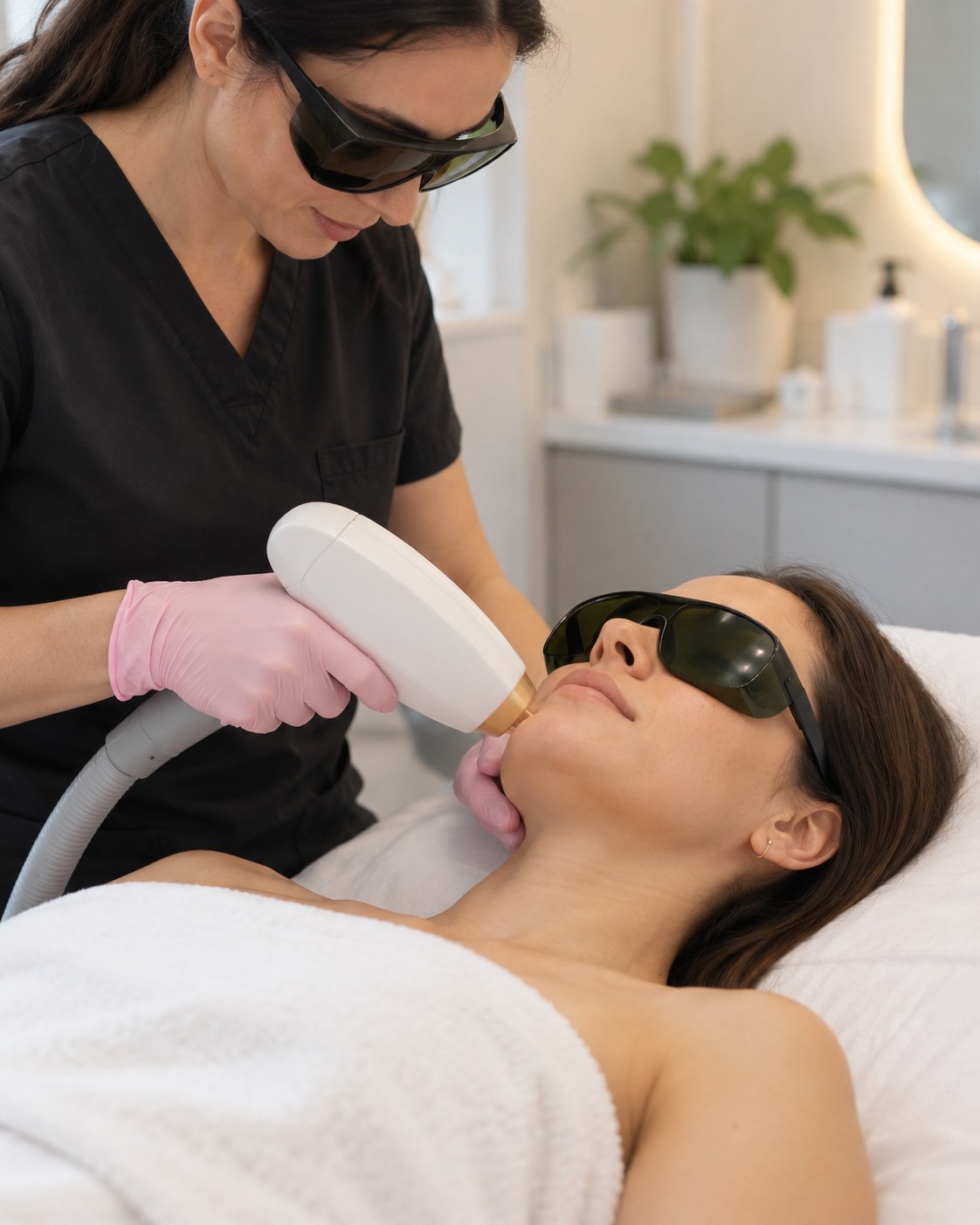 Specialist performing Laser Skin Removal on a lower leg during a Shrewsbury - MA treatment session, Laser Skin Removal specialist in Deerfield - MA adjusting settings while preparing a focused treatment area