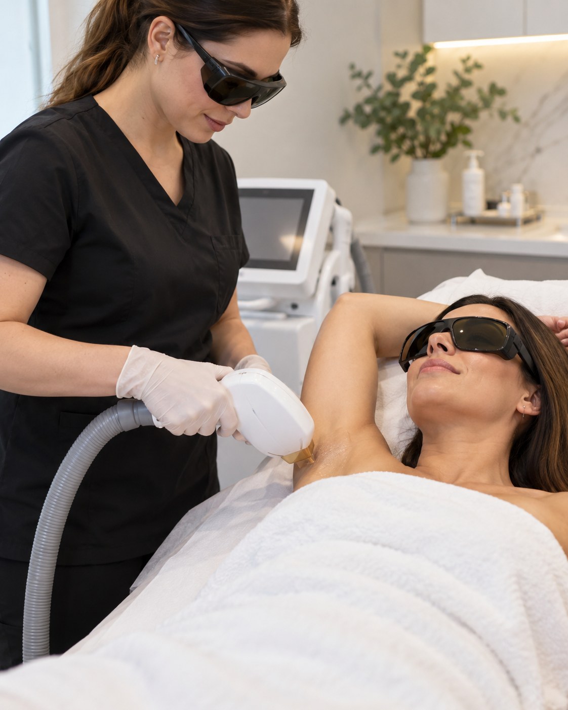 Technician performing Laser Skin Removal on an arm during a Cambridge - MA clinic appointment