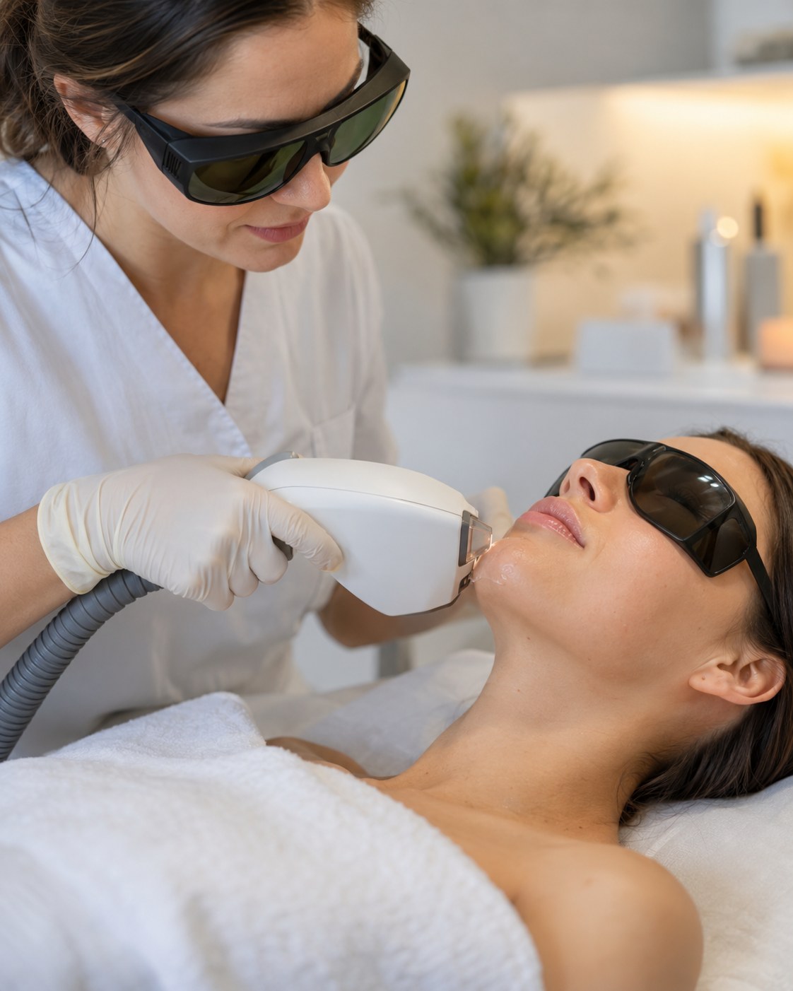 Specialist performing Laser Skin Removal on a client in Somerville - MA during a focused treatment session